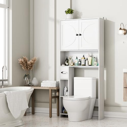 Over The Toilet Storage Cabinet with Barn Doors, Freestanding Bathroom Space Saver Organizer Over Toilet with Adjustable Shelves & Toilet Paper Holder, Waterproof Bathroom Cabinet, White
