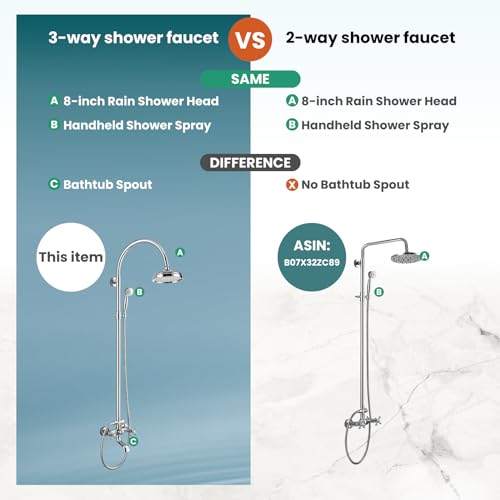 gotonovo Exposed Shower Faucet Set with Tub Spout Polished Chrome | Brass Bathroom Shower System,8 Inch Rainfall Head with Handheld Spray and Tub Filler,Adjustable Height,6’’ Hole Distance - color: Chrome