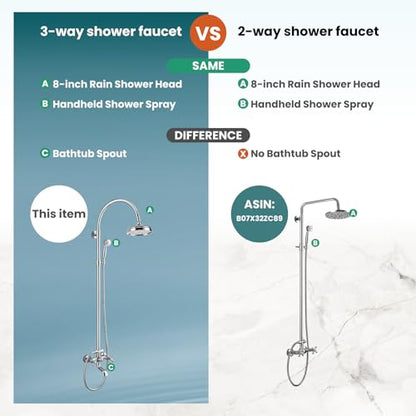 gotonovo Exposed Shower Faucet Set with Tub Spout Polished Chrome | Brass Bathroom Shower System,8 Inch Rainfall Head with Handheld Spray and Tub Filler,Adjustable Height,6’’ Hole Distance - color: Chrome
