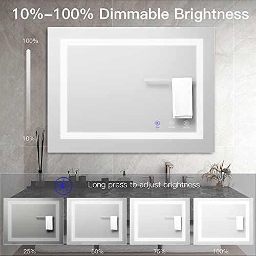TATU LED Bathroom Mirror, 32x24 Inch Bathroom Vanity Mirror Wall Mounted with 3000K-6000K Adjustable, Anti-Fog, Smart Touch Button, Stepless Dimmable Lighted Makeup Mirror, Horizontal/Vertical - size: 24"L x 32"W