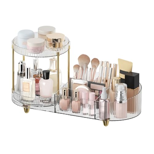 Makeup Organizer Countertop for Vanity, Rotating Perfume Tray with 5-compartment Cosmetic and Skincare Organizers, Multi-Purpose Desk Storage Makeup Brush Holder for Bathroom Bedroom Counter - color: Clear
