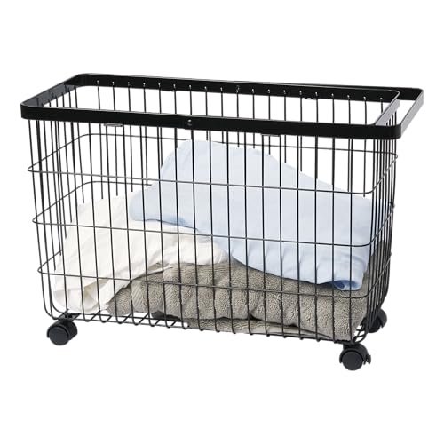 Yamazaki Home Tower Small Rolling Laundry Basket Metal Hamper Cart With Wheels And Handle, 14.8" - Steel - 9.8 Gallons, 35 Liters | Small metal laundry hamper cart features smooth-rolling wheels and a convenient built-in handle. Suits modern home storage.
