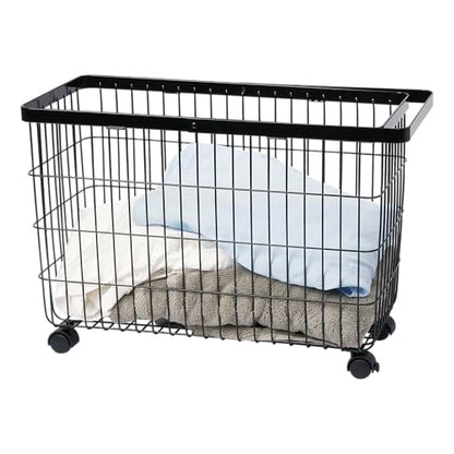 Yamazaki Home Tower Small Rolling Laundry Basket Metal Hamper Cart With Wheels And Handle, 14.8" - Steel - 9.8 Gallons, 35 Liters | Small metal laundry hamper cart features smooth-rolling wheels and a convenient built-in handle. Suits modern home storage.