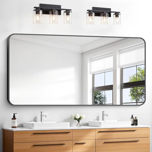 BONEWEI 30x60 inch Bathroom Mirror,Black Rectangle Mirror,Wall Mounted Bathroom Frame Vanity Mirror with Round Corner for Bedroom Living Room, Entryway Hangs Horizontal or Vertical - color: Black Rounded Rectangle, size: 60"L x 30"W