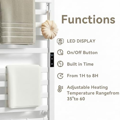 Wall Mounted Heated Towel Rack, 10-Bar Electric Towel Warmer with Timer & Adjustable Temperature, Fast Heating Towel Warmer for Bathroom, Space Aluminum, Rust-Resistant (White, 10bar)