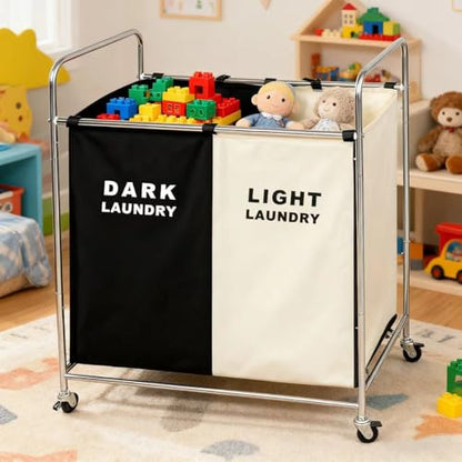 Double Compartment Rolling Laundry Sorter Cart with Wheels, Dark and Light Separation Hamper, Chrome Frame, Mobile Clothes Storage Organizer(Black+white, 2 Sections)