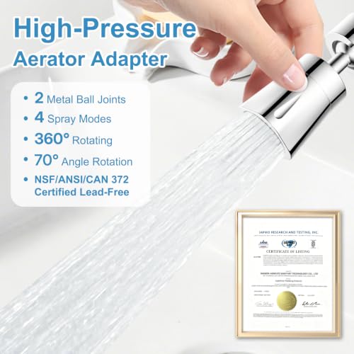 Faucet Aerator 4 Modes, 360° Swivel Faucet Sprayer Head Attachment, Chrome | NSF/ANSI/CAN 372 Certified, 55/64" Bathroom& Kitchen Sink Faucet Head, 2 Big-Angle Rotating Metal Joints, 15/16" Male Adapter - color: Chrome, style: 2 Swivel Joints