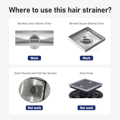 Hair Catcher Hair Strainer, 304 Stainless Steel Filter | w/Stainless Drain Key Lifting Hook, Hair and Debris Trap for Bernkot Square Linear Shower Drain