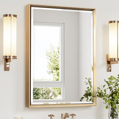 Gold Bathroom Mirror, 22x30 Brushed Gold Bathroom Mirror Beveled Edge, Gold Framed Rectangle Bathroom Vanity Mirror, Anti-Rust Brushed Brass Metal Frame Wall Mirror Vertical/Horizontal - color: Brushed Gold, size: 30"L x 22"W