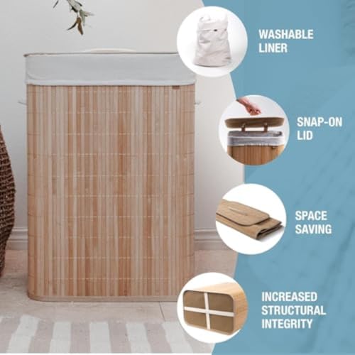 CleverMade Bamboo Laundry Hamper LUXE, 72L, Natural Bamboo Hamper | Keep Laundry Out of Sight Under the Fitted Lid | Lift the Removable Liner to the Washer, Then Fold the Frame Flat for Storage - size: Single