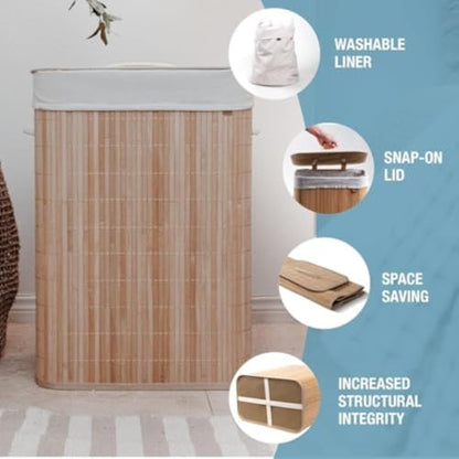 CleverMade Bamboo Laundry Hamper LUXE, 72L, Natural Bamboo Hamper | Keep Laundry Out of Sight Under the Fitted Lid | Lift the Removable Liner to the Washer, Then Fold the Frame Flat for Storage - size: Single