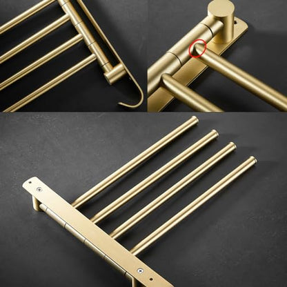 ZHOUXIAO Premium Brass Swing Out Towel Bar Holder Wall-Mounted/Swivel Towel Rack Hanger Organizer for Bathroom, 4-Bar Towel Bar Folding Arm Swivel Hanger Bathroom Storage Brushed Gold
