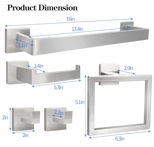 5pcs Bathroom Hardware Set, 16in Towel Bar Set, Including Square Towel Bar Square Towel Ring Toilet Paper Holder Towel Hooks, Set SUS304 Stainless Steel, Wall Mounted