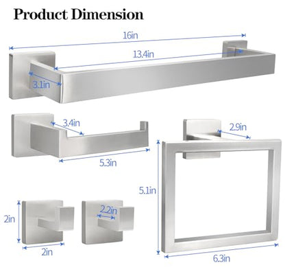5pcs Bathroom Hardware Set, 16in Towel Bar Set, Including Square Towel Bar Square Towel Ring Toilet Paper Holder Towel Hooks, Set SUS304 Stainless Steel, Wall Mounted