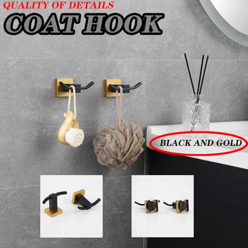 GERZWY Bathroom Double Coat Hook 2 Pack Stainless Steel Towel Hook Wall Mounted Clothes Hook for Bath Kitchen Black & Gold