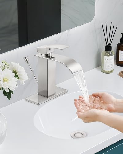 Brushed Nickel Waterfall Bathroom Faucet Single Handle with Lift Rod Drain | Bathroom Sink Faucet,Stainless Steel,supply hoses Deck included,1 or 3 Hole,Fits home,RV,farmhouse bathrooms - color: A-Brushed Nickel, style: with Lift Rod Drain