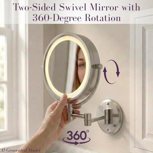 JERDON Hardwired Wall-Mount Makeup Mirror - 8X/1X - Nickel - HL88NLD | 8.5" Round Frame, 13.5" Wall Arm, LED Lighting, Direct Wire Installation - color: Nickel Direct Wire