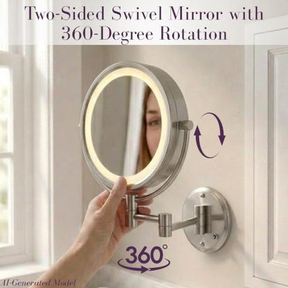 JERDON Hardwired Wall-Mount Makeup Mirror - 8X/1X - Nickel - HL88NLD | 8.5" Round Frame, 13.5" Wall Arm, LED Lighting, Direct Wire Installation - color: Nickel Direct Wire