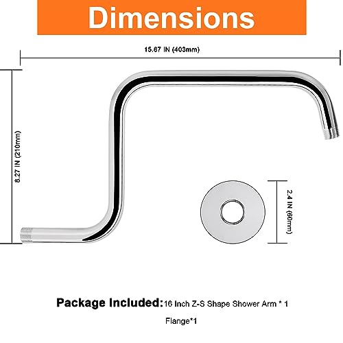 S Shaped Shower Arm, High Rise Shower Head Extension Pipe Standard 1/2" Connection with Flange, Awesome Shower Experience-Stainless Steel Bathroom Accessory(16 Inch Z-S Shape, Chrome Finish) - color: Chrome Finish, style: 16" Z Shape