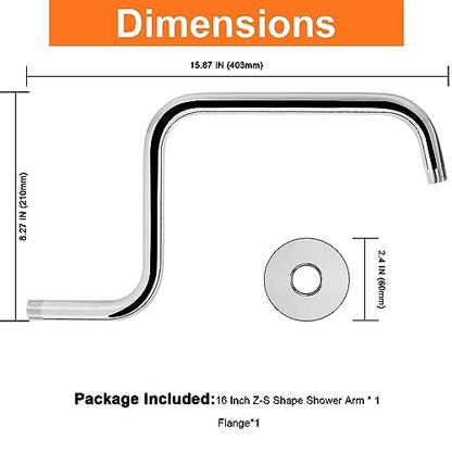 S Shaped Shower Arm, High Rise Shower Head Extension Pipe Standard 1/2" Connection with Flange, Awesome Shower Experience-Stainless Steel Bathroom Accessory(16 Inch Z-S Shape, Chrome Finish) - color: Chrome Finish, style: 16" Z Shape