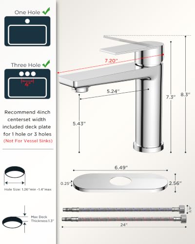 FORIOUS Chrome Bathroom Faucets 1 Hole, Single Hole Bathroom Sink Faucet | Single Lever Rv Bathroom Faucet One Hole, Vanity Faucet for Bthroom Sink 1 Hole with Deck Plate, Drain, Hoses, for Camper - color: Chrome