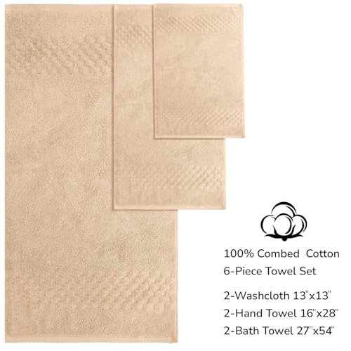 Feather & Stitch 100% Cotton 625 GSM Bath Towel Set of 6, Ultra Soft Highly Absorbent 2 Bath Towels, 2 Hand Towels & 2 Washcloth - Luxury Quick Dry Shower Towels (Taupe) - color: Taupe