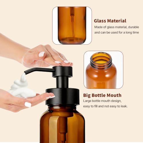 400ml 13.5oz Amber Glass Foam Soap Dispenser Refillable Foaming Hand Soap Pump Bottle Modern Empty Foam Bottle for Bathroom Kitchen Countertop Home Decor
