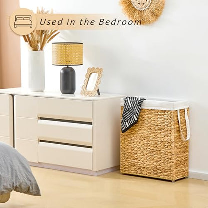 Handwoven Slim Laundry Hamper, 75L Narrow Laundry Basket, Natural Water Hyacinth Basket and Handles and Removable Liner Bag & 2 Mesh Bags (Natural, 75L) - color: Natural, size: 75L