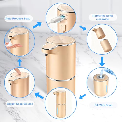 Automatic Foaming Soap Dispenser - Hand Free Pump Touchless Soap Dispenser USB Rechargeable Dispenser with 380ml, 4levels Adjustable Dispenser for Bathroom Kitchen - color: Golden-foaming