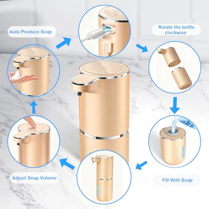 Automatic Foaming Soap Dispenser - Hand Free Pump Touchless Soap Dispenser USB Rechargeable Dispenser with 380ml, 4levels Adjustable Dispenser for Bathroom Kitchen - color: Golden-foaming