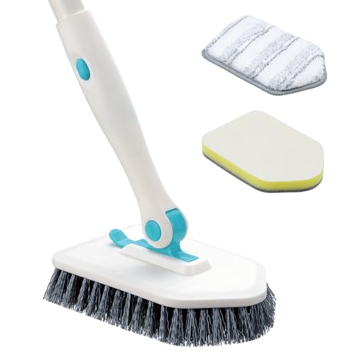 nacena Shower Scrubber with Long Handle, 4 in 1 Tile Tub Scrubber Brush with 3 Detachable Cleaning Shower Heads and Floor Squeegee Shower Cleaner Brush for Bathroom Kitchen Tub Sink Floor, Blue White - color: Blue White, size: 2 pads+squeegee