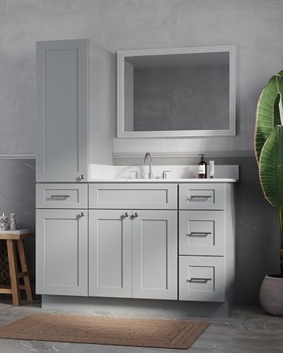 51" Bathroom Vanity with Linen Storage Tower and 4 Drawers, Carrara Quartz Top and Ceramic Sink, Left or Right Tower Option, Solid Wood Frame, 52" x 22" x 72" (Gray, Left Tall Cabinet) - color: Grey
