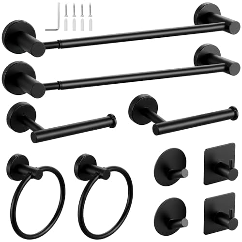 Tudoccy 10-Piece Matte Black Bathroom Hardware Set, Adjustable Bar | SUS304 stainless steel wall-mounted towel bar adjusts 14.5 to 24 inches for flexible bathroom install - color: Black, size: Adjustable 14.5-24 Inch 10 pcs