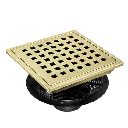 Gold Shower Drain 6 inch with Flange, Square Shower Drain with Removable Grate Cover, SUS 304 Stainless Steel, Brushed Gold - color: Brushed Gold, size: Square surface
