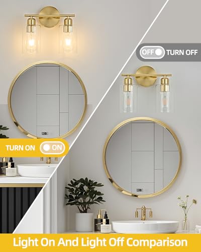 2Light Modern Vanity Lights - Gold, Clear Glass Shade, Wall Sconce for Bathroom & Bedroom, 2 Pack - color: Gold, size: 2 Light - 2 pack