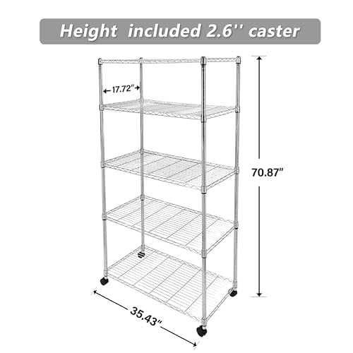 Simple Deluxe Heavy Duty 5-Shelf Storage Shelves, 1750Lb Loading Capacity, 35.43" W x 17.72" D x 70.87" H Adjustable Shelving Unit with Wheels, Chrome - color: Chrome, size: 5-Tier