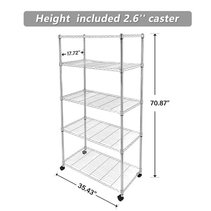 Simple Deluxe Heavy Duty 5-Shelf Storage Shelves, 1750Lb Loading Capacity, 35.43" W x 17.72" D x 70.87" H Adjustable Shelving Unit with Wheels, Chrome - color: Chrome, size: 5-Tier