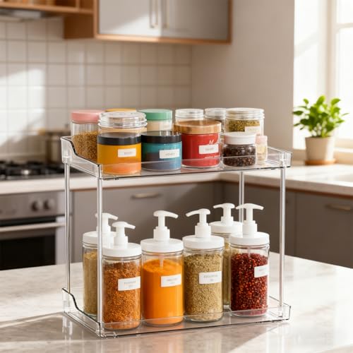 2 Tier Acrylic Bathroom Organizer Countertop Vanity Tray | Clear Corner Makeup Storage Counter, Perfume Holder, Bedroom Kitchen Living Room Space Saving Storage Solution