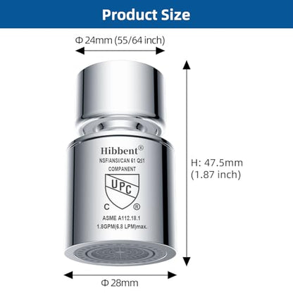 Hibbent NSF/ANSI/CAN 61 Certified Faucet Aerator, CUPC Certification 360° Swivel Kitchen Sink Aerator, Dual-function Sprayer Faucet Head, Faucet Replacement Part 55/64 Inch Female Thread - Chrome - color: Chrome