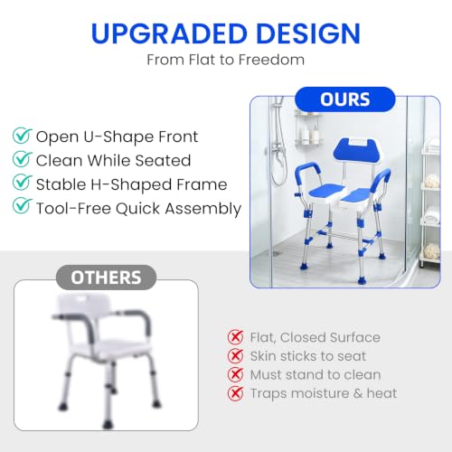 U Shaped Shower Chair for Inside Shower with Arms & Back Heavy Duty Shower Bench for Elderly & Disabled Height Adjustable Bath Seat Non-Slip Feet Shower Stool (Blue) - color: Blue