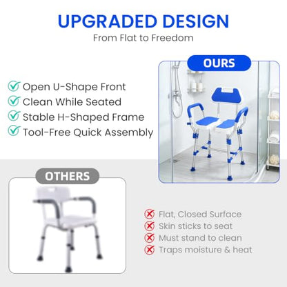 U Shaped Shower Chair for Inside Shower with Arms & Back Heavy Duty Shower Bench for Elderly & Disabled Height Adjustable Bath Seat Non-Slip Feet Shower Stool (Blue) - color: Blue