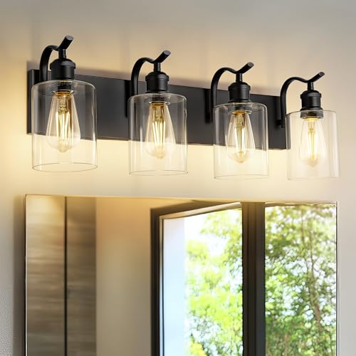 4-Light Black Bathroom Light Fixture Over Mirror, Modern Vanity Light, Clear Glass Wall Sconce, VL01BK-4 - color: Black & Clear Glass, size: 4 LIGHT