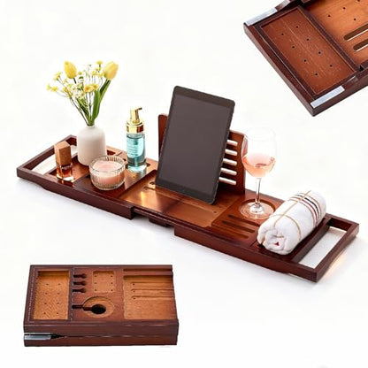 Bamboo Bathtub Tray, Expandable Foldable Bath Caddy, Walnut | 29-42“ Bath Shelf Over Tub with Phone, Tablet & Wine Holders, Locking Design for Spa Bathroom Accessories & Gifts - color: A-walnut