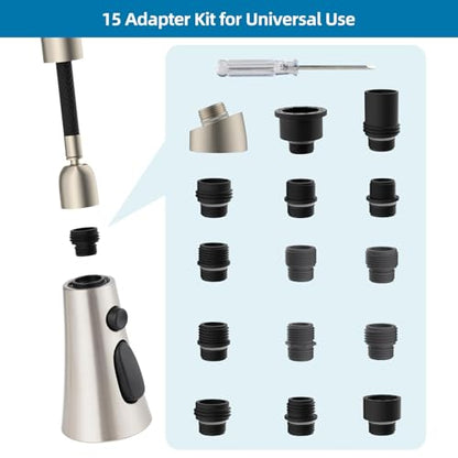 Universal Kitchen Faucet Head, 3 Modes, 15 Adapters Kit, Brushed Nickel | NSF/ANSI/CAN 372 Certified, Compatible with Kohler/Moen/Delta, 3 Function Pull Down Sink Faucet Spray Head Replacement, G1/2 - color: Brushed Nickel
