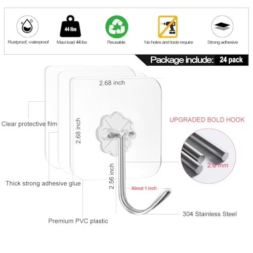 ZESLMG Adhesive Wall Hooks No Damage for Hanging, 24 Pack Large Self Sticky Hooks Heavy Duty 44lb Removable, Clear Hook for Shower Towel Coat Key Picture Wreath Outdoor Bathroom Kitchen, Waterproof - size: 24 Upgraded large hook