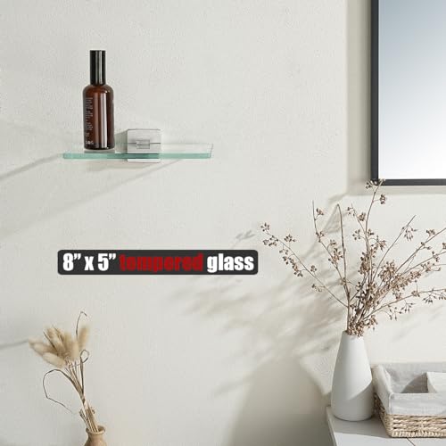 JQK Bathroom Glass Shelf, Tempered Glass Shower Storage 8 by 5 inches, 304 Stainless Steel Brushed Finish Wall Mount, TGS201L8-BN - color: Brushed Steel, size: 8 Inch