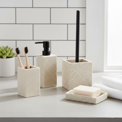 Collection Stone Effect Bath Accessory Set-4 Pieces, Resin, Tumbler,Natural | Soap Dispenser, and Toilet Brush Holder, Contemporary, Durable Construction, Bathroom Accessories Set, Housewarming Gift Set - size: Natural