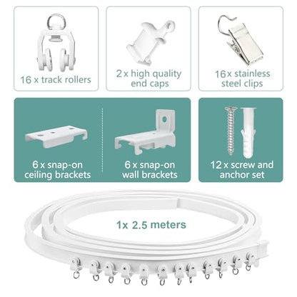 Curtain Track Room Divider, Bendable Curved Ceiling & Wall Mount Flexible Track System with Clips, 8Ft Alloy Plastic Drop Sliding Curtain Track for Bay Window - color: White, size: 8Ft