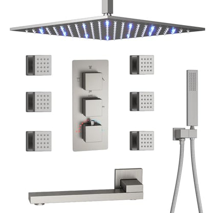 4 Way Thermostatic Shower System with 12 inch Ceiling Shower Head, 6 Body Jet, Tub Spout, Handheld Spray, Brushed Nickel - color: Brushed Nickel, size: 12" Ceiling Shower