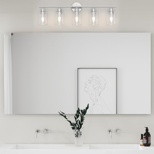 Bathroom Vanity Light Fixtures Polished Chrome Bathroom Lighting Fixture, 5 Lights Bathroom Light Fixture Over Mirror, Modern Black Vanity Light, Wall Sconces with Glass Shades - color: Polished Chrome, size: 5 Lights